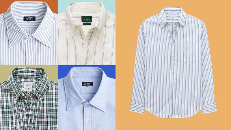 Collage of J.Crew shirts with good collars on a flat colored background.
