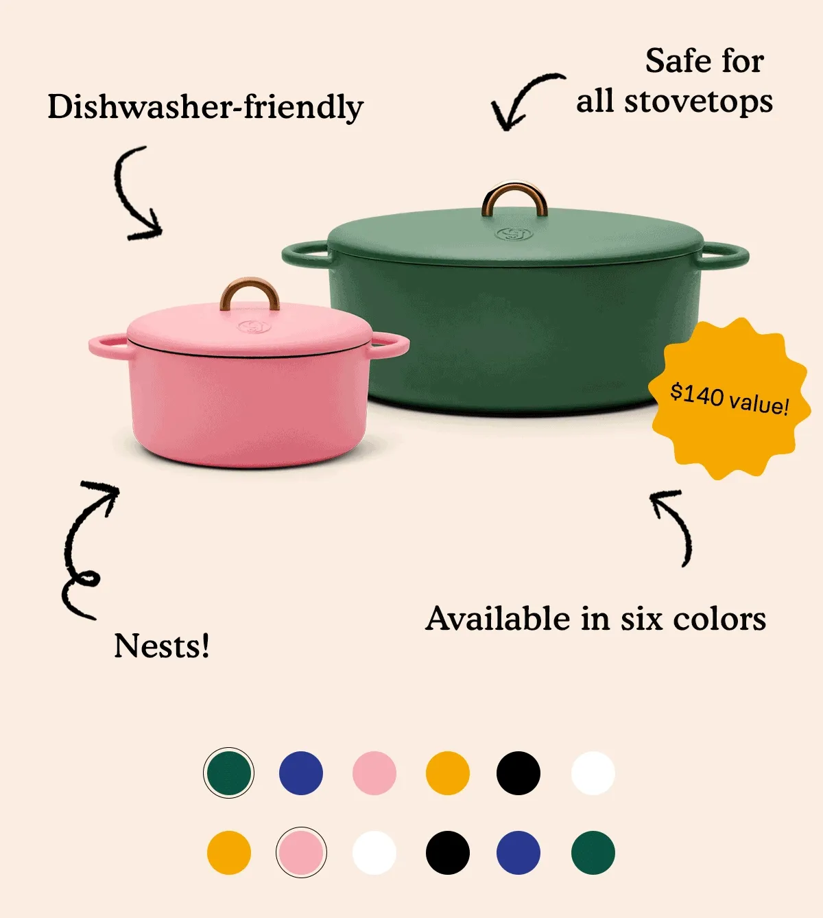 Available in six colors. Dishwasher-friendly