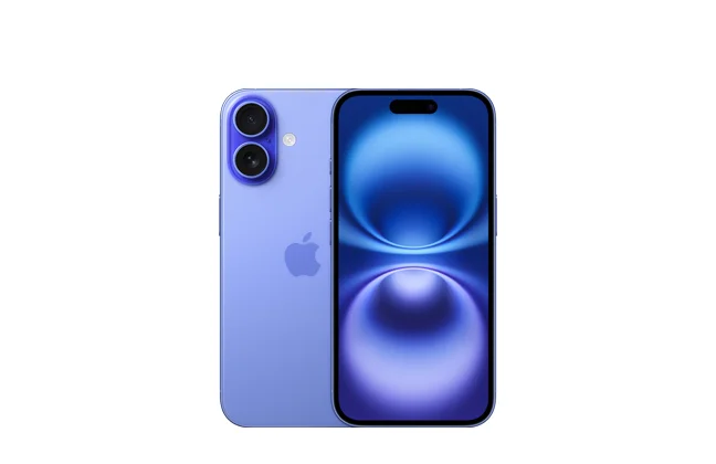 iPhone 16, back exterior, ultramarine color, dual-camera system in top left corner, centered Apple logo, front exterior, all-screen design, front camera, thin black display border
