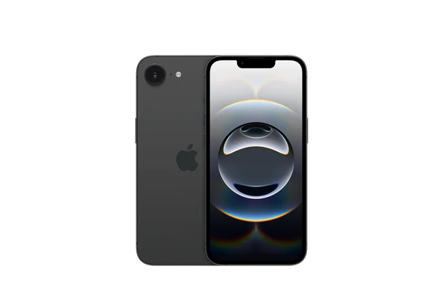 iPhone 16e, back exterior, black color, camera system in top left corner, Apple logo in center, front exterior, all-screen display, Dynamic Island centered near top