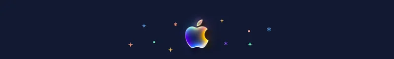 Apple logo containing a gradient glow of colors: purple, blue, green, orange, yellow, surrounded by colorful stars, dots
