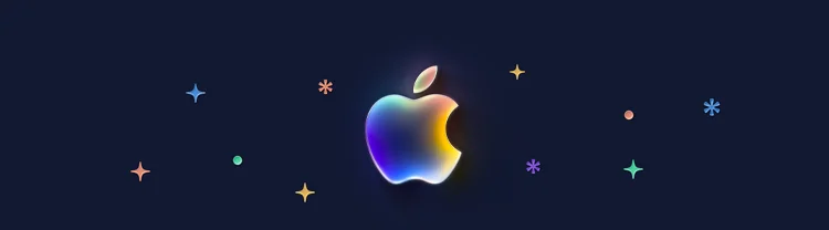 Apple logo containing a gradient glow of colors: purple, blue, green, orange, yellow, surrounded by colorful stars, dots