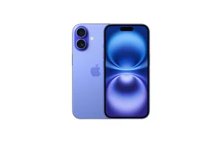 iPhone 16, back exterior, ultramarine color, dual-camera system in top left corner, centered Apple logo, front exterior, all-screen design, front camera, thin black display border