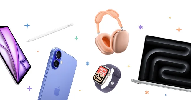 A selection of Apple products included in the Apple Store Shopping Event: iPad Air, AirPods Max, MacBook Pro M4 Pro, Apple Watch SE 3, iPhone 16, Apple Pencil, multicolored stars and dots in background