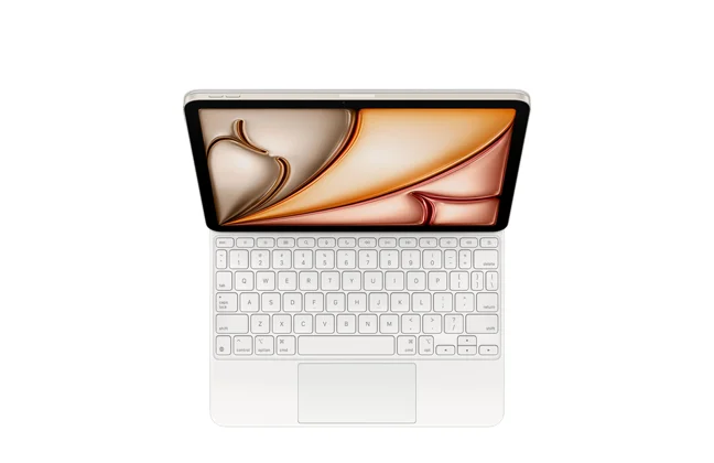 iPad Air 11-inch M3 chip, starlight color, top exterior, thin black bezel, attached to Magic Keyboard, white color