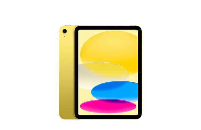 iPad, back exterior, yellow color, single-lens camera, front exterior, thin black bezel, all-screen display