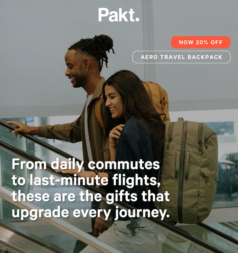 Pakt. The Aero Travel Backpack, now 20% off.
