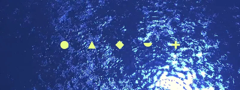 Five neon-yellow geometric symbols displayed over rippling blue water.