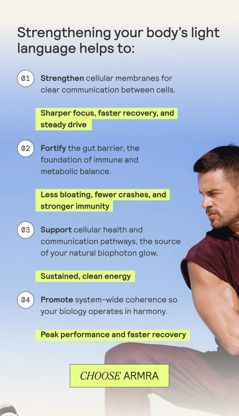 List of four health benefits with highlighted phrases, next to a man in athletic clothing.