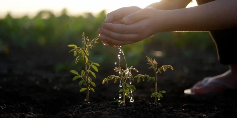A person kneeling in front of a growing plants allowing water to drip onto it from their cupped hands
