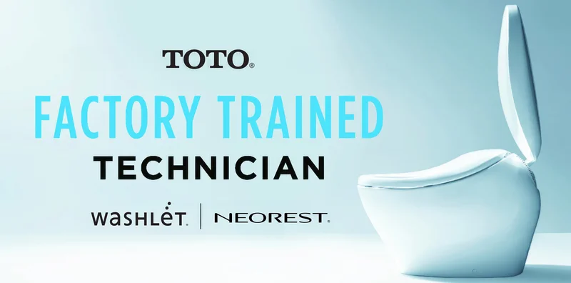 A TOTO NEOREST smart toilet is displayed from a side view beside a TOTO Factory Trained Technician graphic
