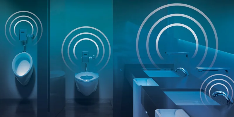An arrangement of TOTO's IoT-enabled products with blue lighting and circle halos indicating internet connectivity