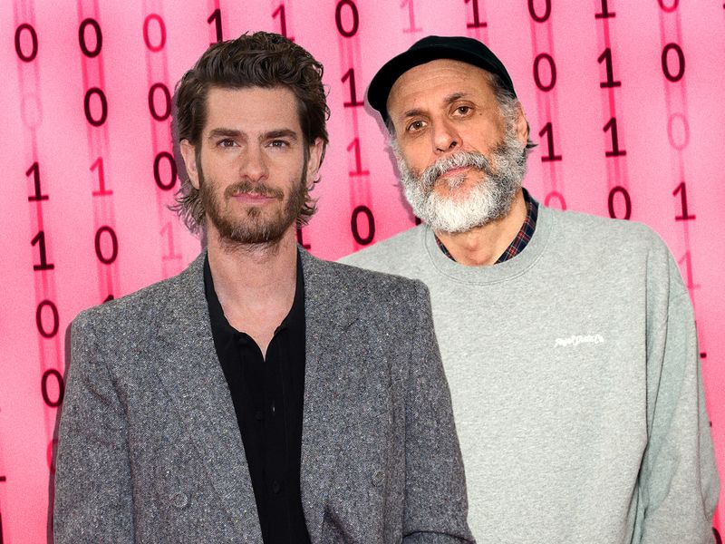 Image may contain: Luca Guadagnino, Andrew Garfield, Beard, Face, Head, Person, Adult, Clothing, Coat, and Photobombing