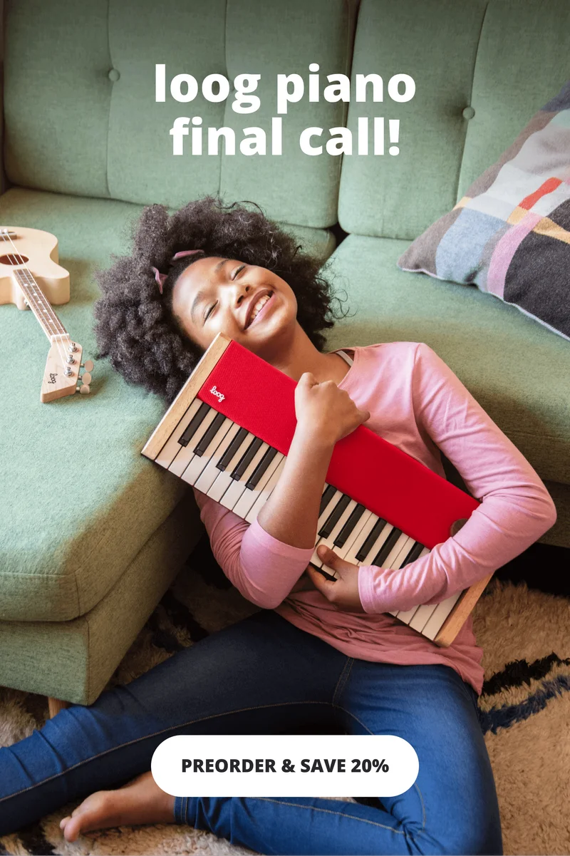 girl hugging loog piano - loog piano final call