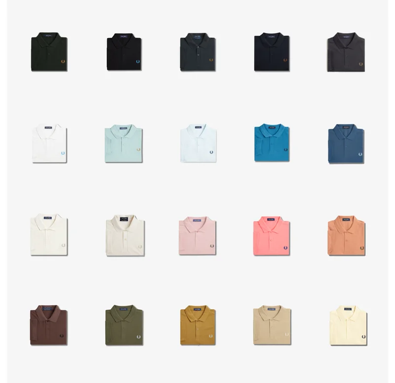 Picture collage of varied plain fred perry shirts