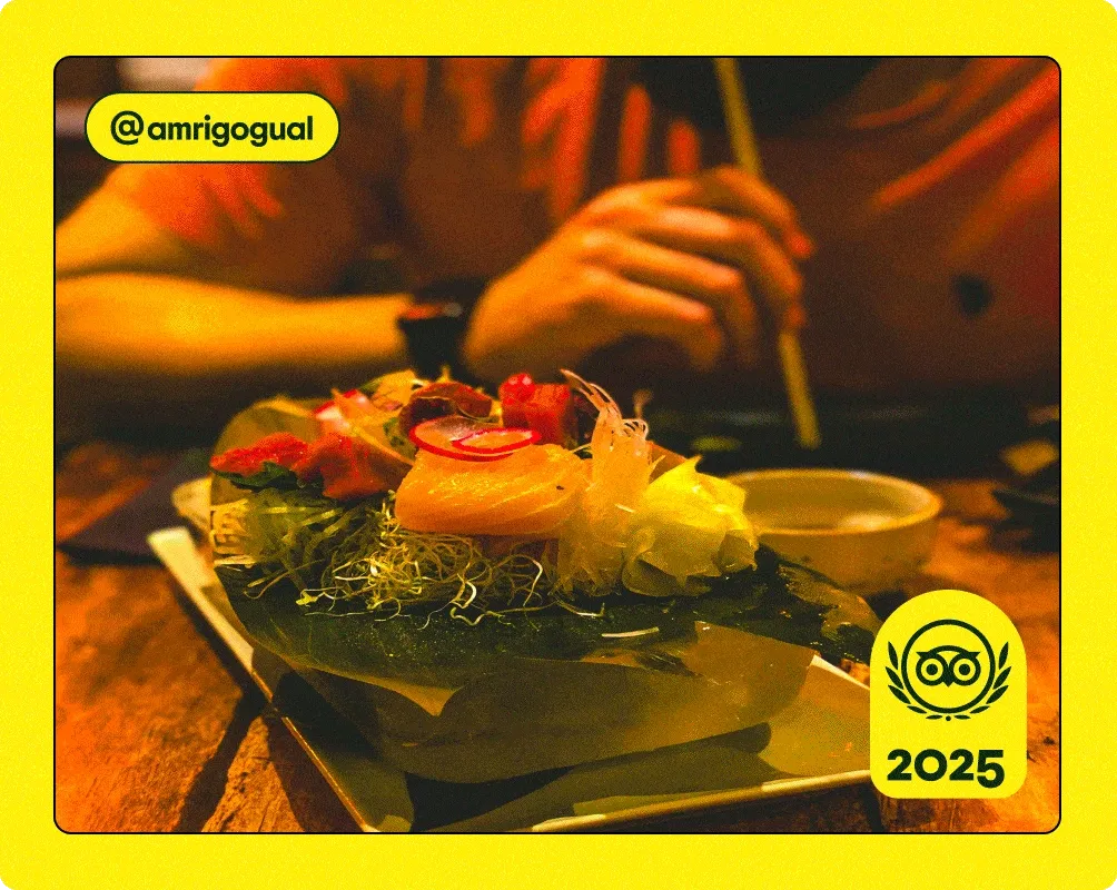 Image Description: A person with chopsticks and a plate of sashimi, a person eating modernist cuisine, a dessert with “happy birthday” written in chocolate on a plate. A yellow 2025 Travelers’ Choice Awards Best of the Best badge is on the bottom right corner of each image.