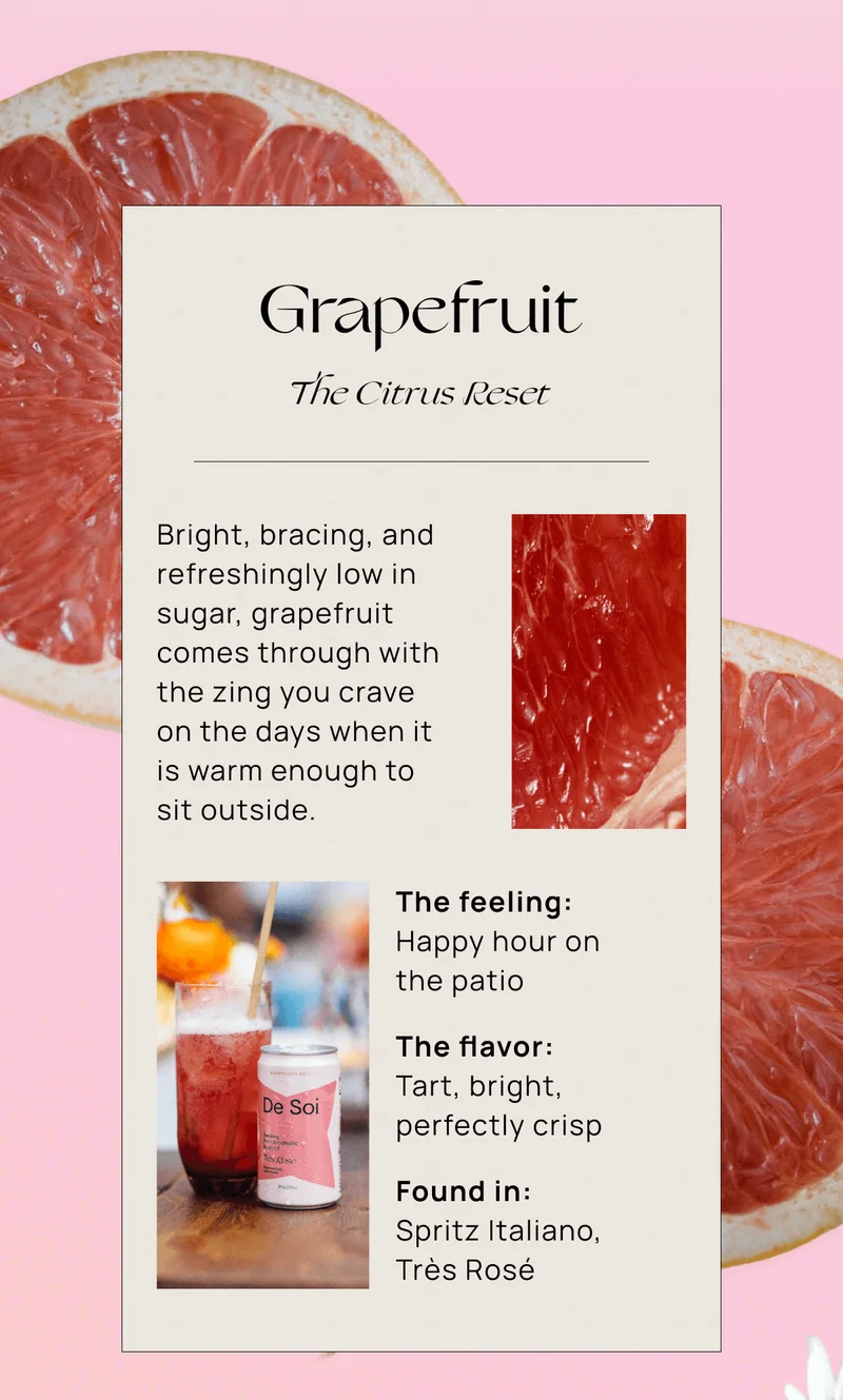 Grapefruit The Citrus Reset | Bright, bracing, and refreshingly low in sugar, grapefruit comes through with the zing you crave on the days when it is warm enough to sit outside. | The feeling: Happy hour on the patio | The flavor: Tart, bright,  perfectly crisp | Found in: Spritz Italiano, Très Rosé
