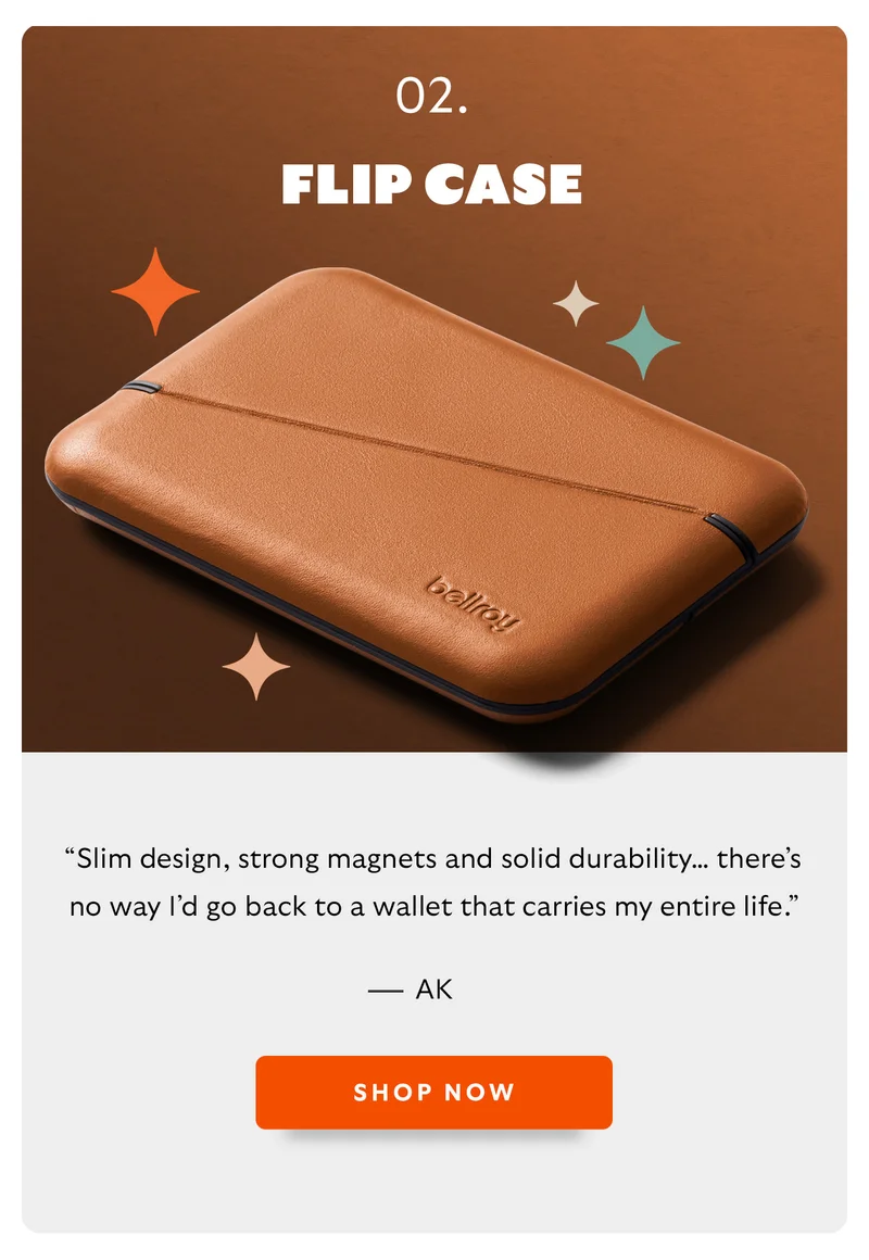 Flip Case. “Slim design, strong magnets and solid durability… there’s no way I’d go back to a wallet that carries my entire life.” – AK (5-star Amazon review)