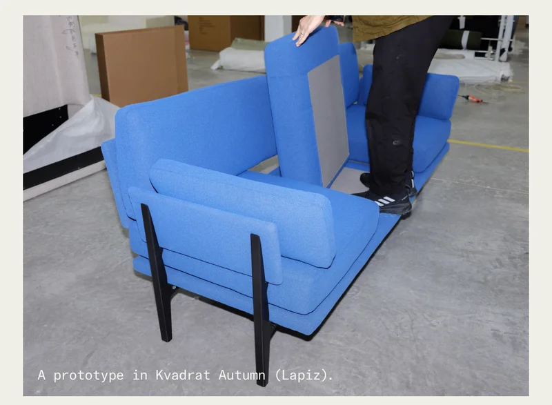 Pictured: A prototype in Kvadrat Autumn (Lapiz). The Sofa 2.0 has been designed and meticulously tested for both comfort and durability.