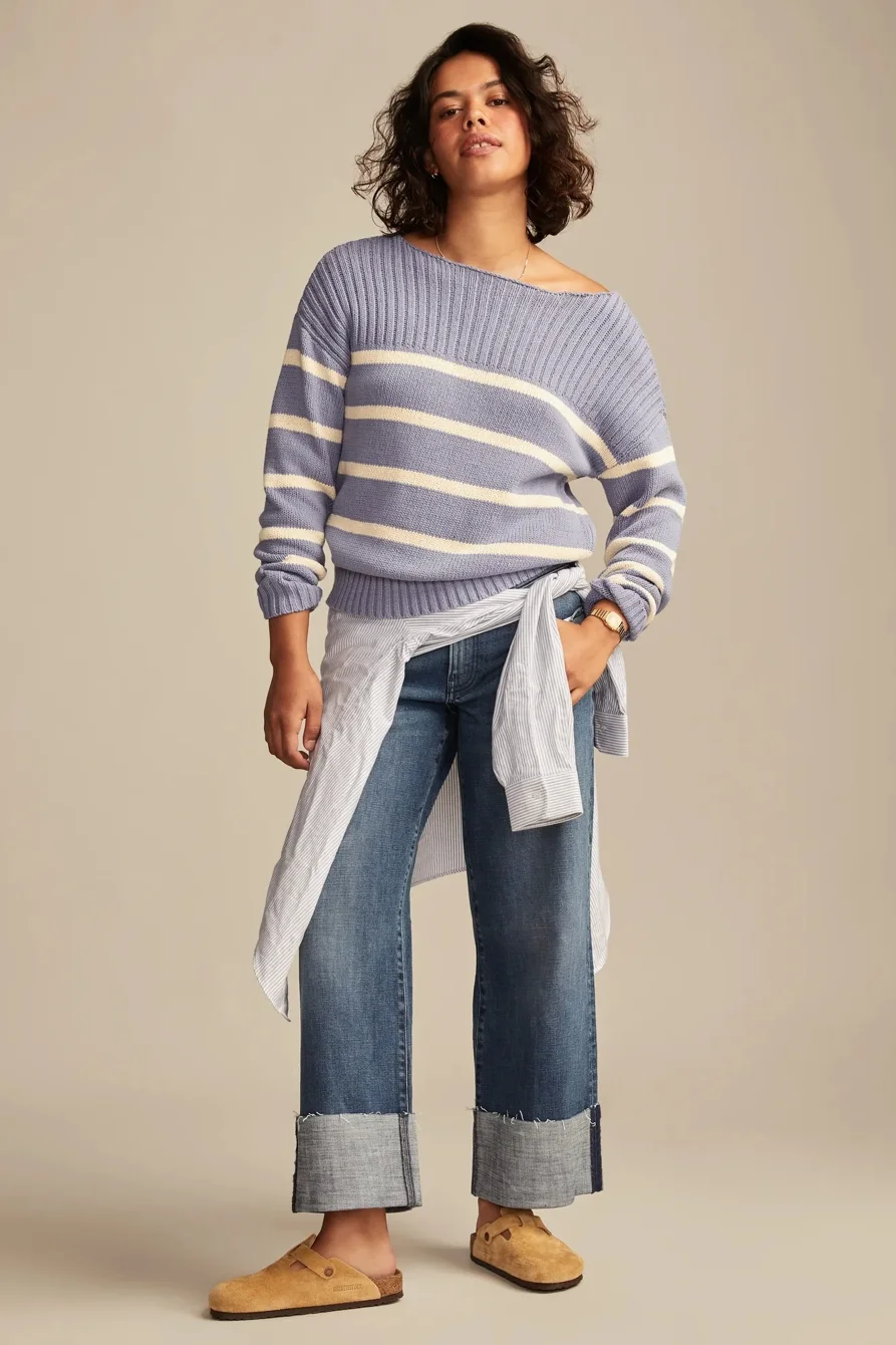Image of Lucky Brand Boatneck Pullover Sweater - Women's Clothing Tops Sweaters Pullovers in Deep Taupe Stripe