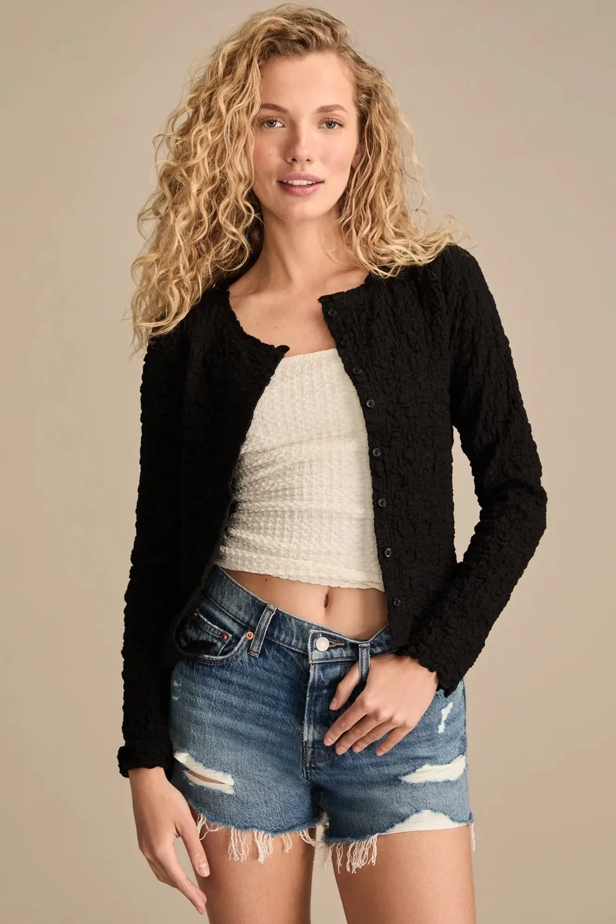 Image of Lucky Brand Textured Cardi - Women's Clothing Tops Sweaters in Caviar