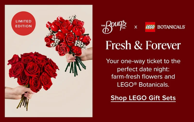 The Bouqs Co. X LEGO® Botanicals: Fresh & Forever. Your one-way ticket to the perfect date night: farm-fresh flowers and LEGO Botanicals®. Shop LEGO Gift Sets