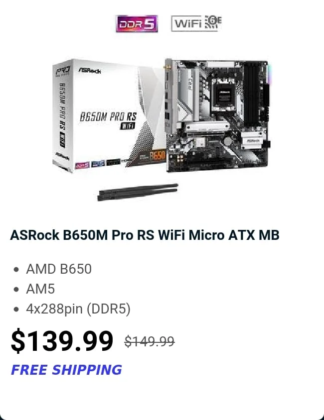 ASRock B650M Pro RS WiFi Micro ATX MB