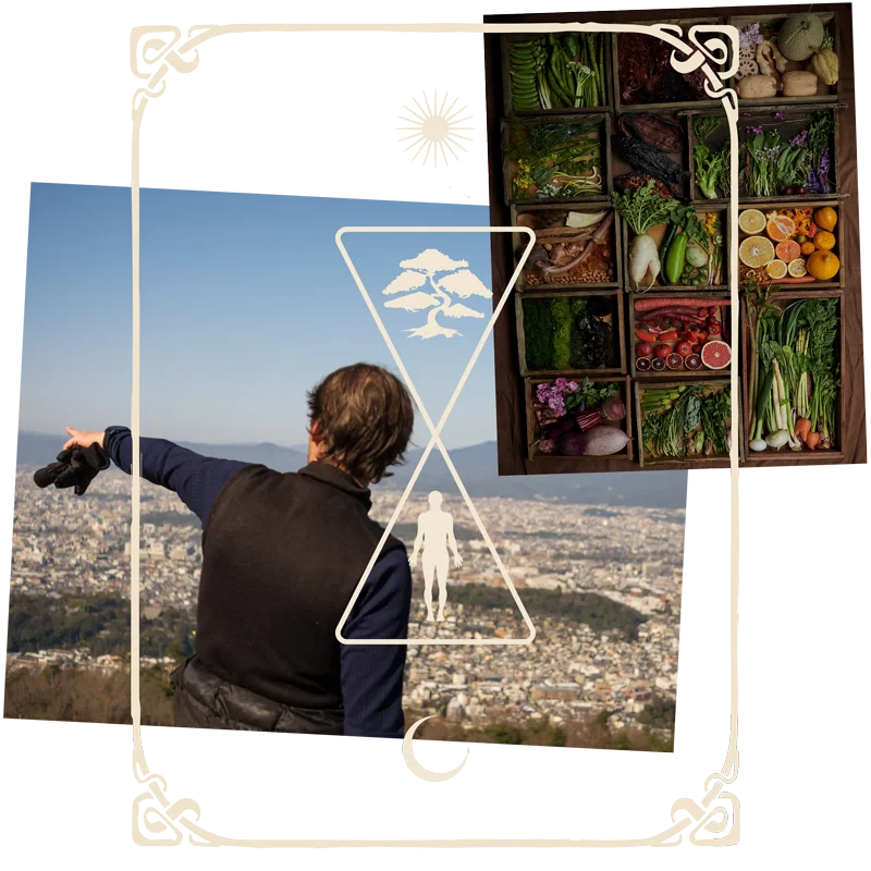 Chef René Redzepi overlooking Kyoto and an array of vibrant produce, unified by overlaying graphics of transcendentalism, conveying the email's theme of nourishment and interconnectedness.