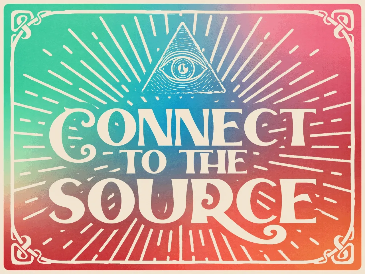 Retro animation of an all-seeing eye in a pyramid with 'CONNECT TO THE SOURCE' text and rays pulsing. Get $40 off food and drinks at Ace Hotel when you book with code discount code.