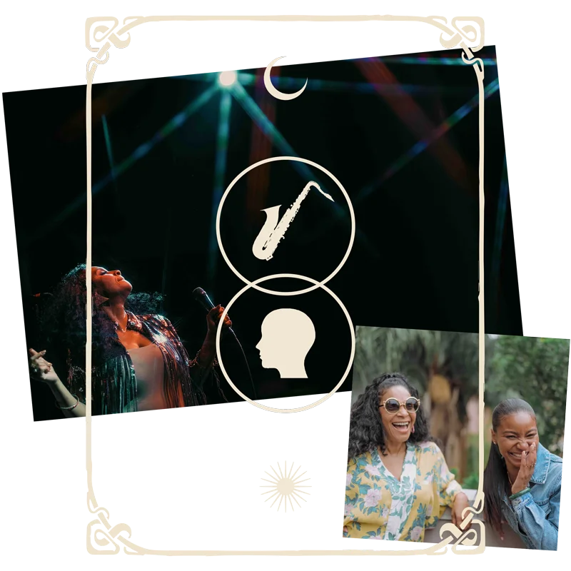A collage featuring singer Teedra Moss illuminated by a spotlight and Teedra Moss and The Artist Jade sharing laughter, all set within decorative motifs that channel the vibrant energy of New Orleans.