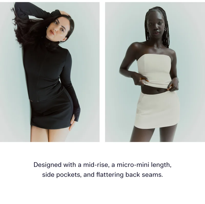 Designed with a mid-rise, a micro-mini length, side pockets, and flattering back seams.