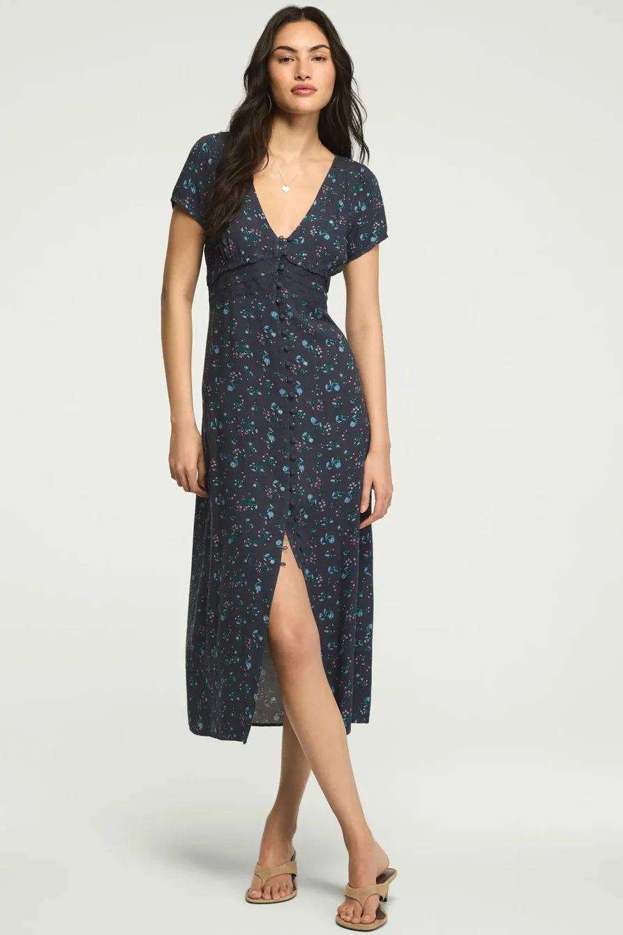 Image of Lucky Brand Lace Trim Simone Midi Dress - Women's Clothing Dresses Shirt Midi Dress in Navy Floral