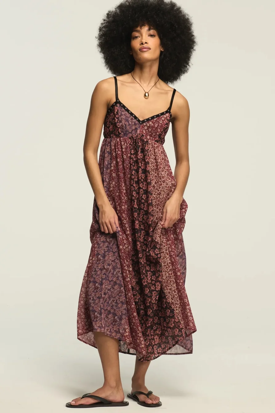 Image of Lucky Brand Print Mix Midi Dress - Women's Clothing Dresses Shirt Midi Dress in Burgundy Print Mix