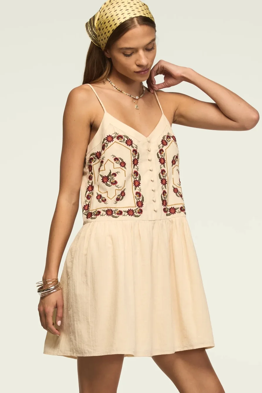 Image of Lucky Brand Contrast Embroidered Button Front Mini Dress - Women's Clothing Dresses Mini Dress in Gardenia