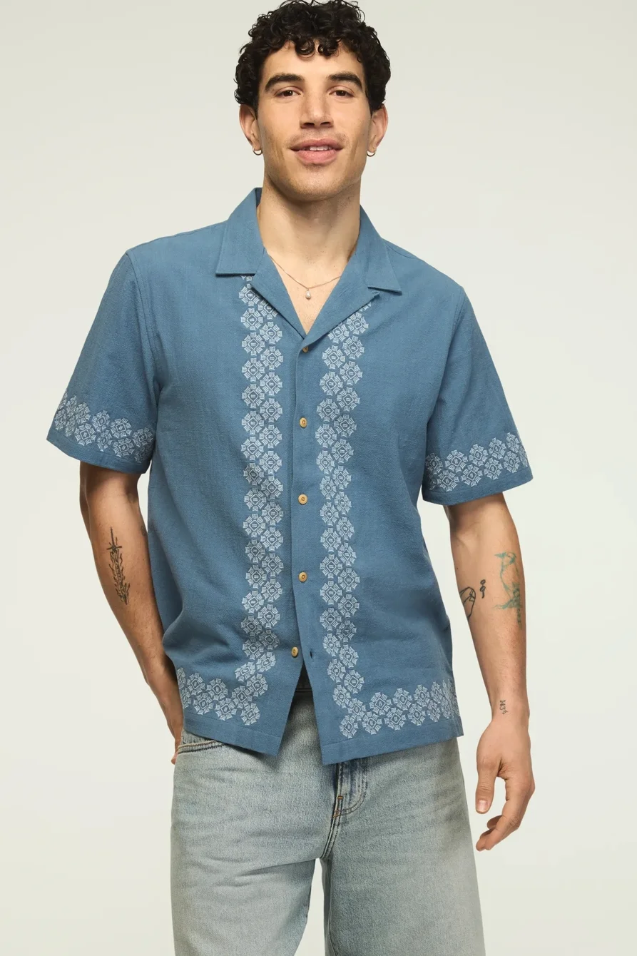 Image of Lucky Brand Short Sleeve Embroidered Camp Collar Shirt - Men's Clothing Outerwear Shirt Jackets in Captain's Blue