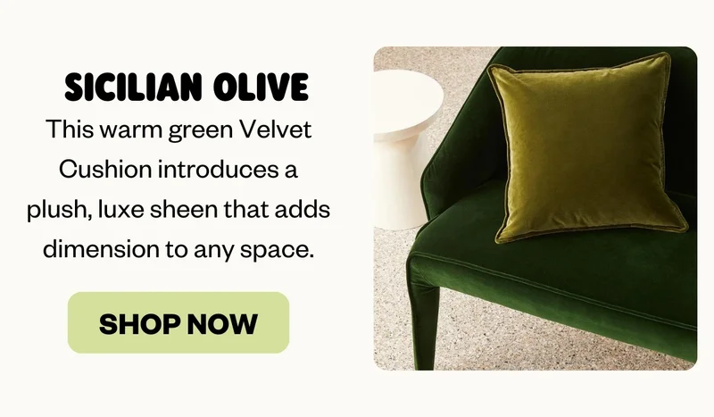 Sicilian Olive | This warm green Velvet Cushion introduces a plush, luxe sheen that adds dimension to any space.