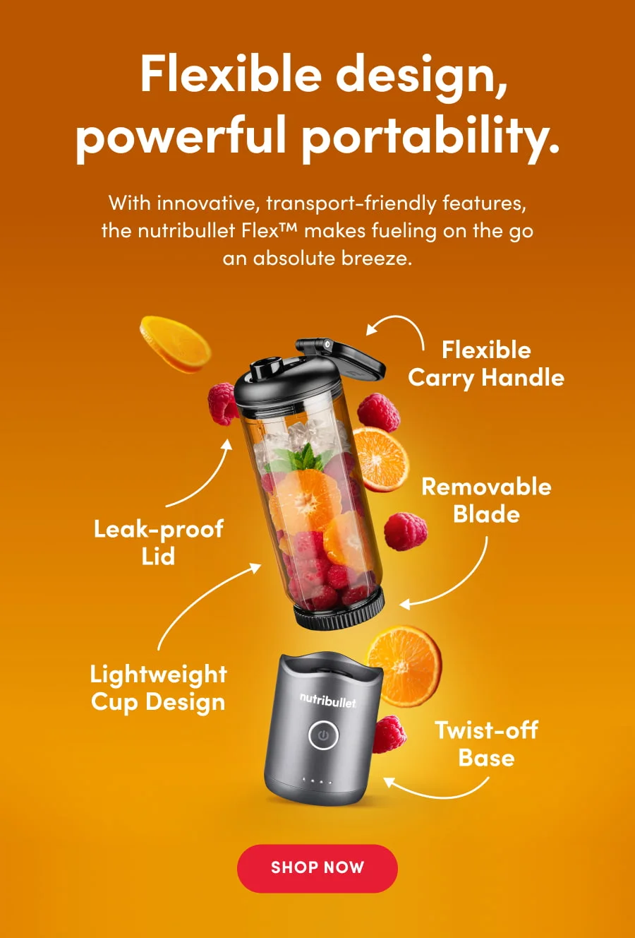 Blender cup with fruit, showing lid, handle, blade, lightweight design, and twist-off base.