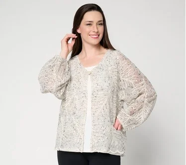 Susan Graver Metallic Open Stitch 3/4 Sleeve Cardigan