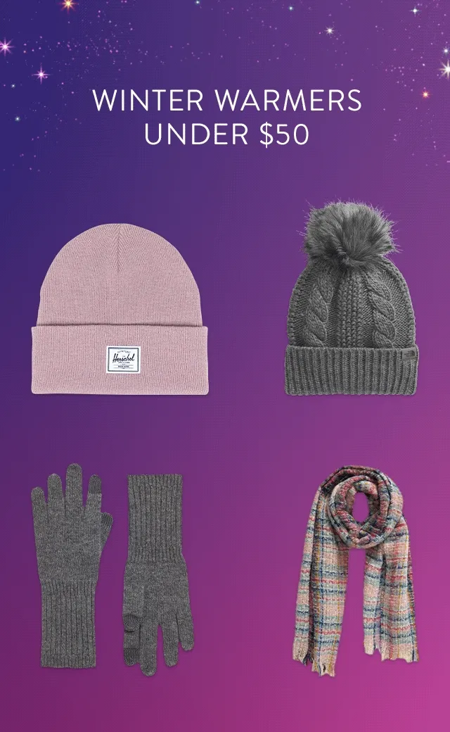 A pink beanie, grey hat with pompom, multicolored scarf and grey gloves.
