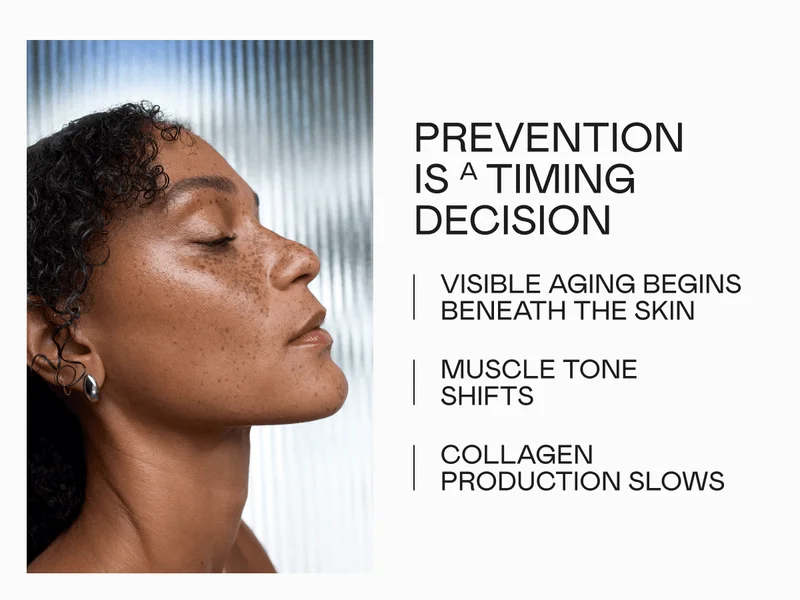 Prevention Is a Timing Decision: ▶️Visible aging begins beneath the skin. ▶️Muscle tone shifts. ▶️Collagen production slows.