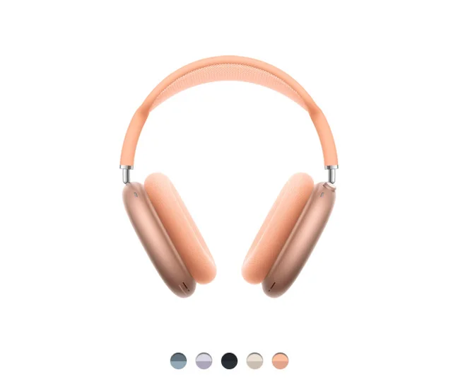AirPods Max, orange color, over-hear headphones, aluminum ear cups, ear cushions, telescoping arms connect the cups and headband, available colors: blue, purple, midnight, starlight, and orange