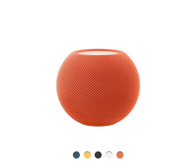HomePod mini, orange color, spherical body wrapped in mesh fabric, flat top, available colors: blue, yellow, midnight, white, and orange
