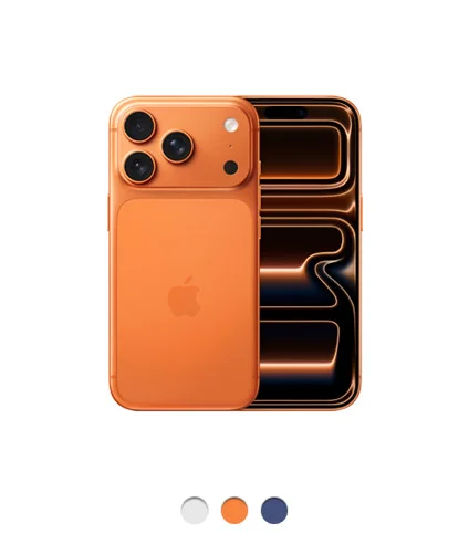iPhone 17 Pro, back exterior, cosmic orange color, Pro Fusion camera system spanning across the top, Apple logo in center, front exterior, Dynamic Island centered near top, thin black display bezel, all-screen design, available colors: silver, cosmic orange, and deep blue