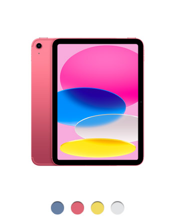iPad, back exterior, pink, single-lens camera, front exterior, black display bezel, rounded corners, available colors: blue, pink, yellow, and silver