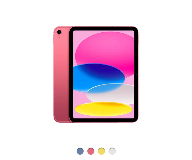 iPad, back exterior, pink, single-lens camera, front exterior, black display bezel, rounded corners, available colors: blue, pink, yellow, and silver
