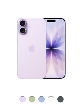 iPhone 17, lavender color, back, Dual Fusion camera system, centered Apple logo, front exterior, Dynamic Island centered near top, thin black display bezel, all-screen design, available colors: lavender, sage, mist blue, white, and black