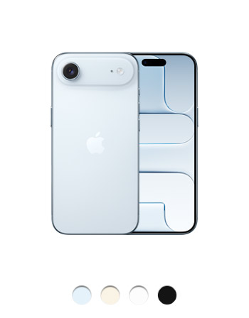 iPhone Air, sky blue color, back, Fusion camera system upper left, centered Apple logo, front, Dynamic Island centered near top, thin black display bezel, all-screen design, available colors: sky blue, light gold, cloud white, and space black