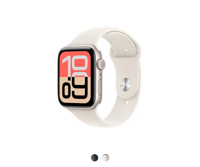 Apple Watch SE 3, starlight color aluminum case, light blush color Sport Band, Digital Crown, available colors: starlight, midnight