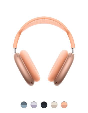 AirPods Max, orange color, over-hear headphones, aluminum ear cups, ear cushions, telescoping arms connect the cups and headband, available colors: blue, purple, midnight, starlight, and orange