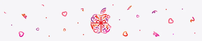 Hearts in pink and red colors pulsate around Apple logo, wrapped in a red color bow, made up of dots, squiggles, and hearts in different hues of red, pink, and purple, surrounded by dots and squiggles in red, pink, and purple colors